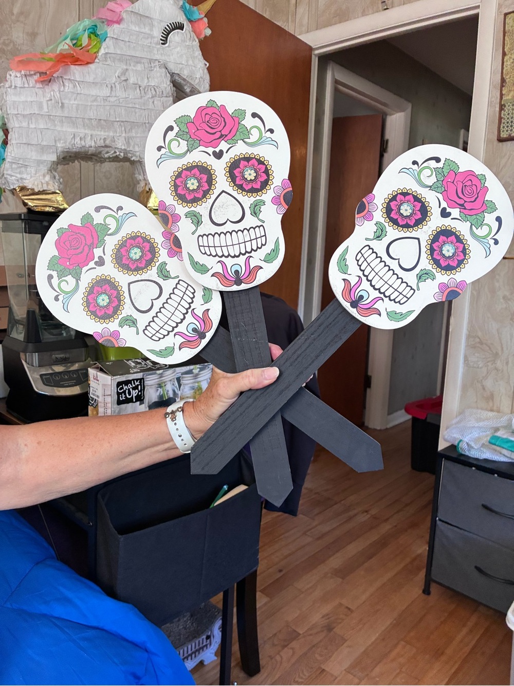 Decorative Day of the Dead Skull Garden Stakes - Pink Floral
